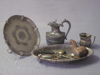 A Britannia metal hotwater jug, an oval silver plated dish, a silver plated salver, a Meerschaum pipe etc