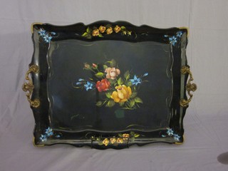 A lacquered paper mache twin handled tea tray decorated roses 24"