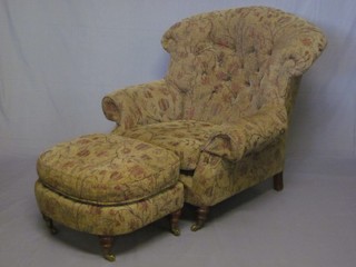 A Victorian style mahogany framed armchair upholstered in brown material together a matching footstool
