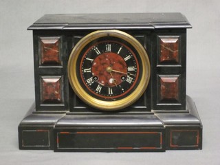A Victorian French 8 day striking mantel clock, the dial with Roman numerals, contained in a 2 colour marble case, striking on a bell, bell missing,