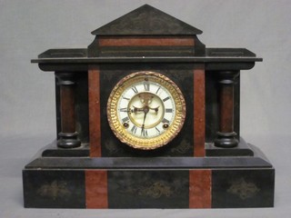 A 19th Century American 8 day striking mantel clock, the enamelled dial with Roman numerals and visible escapement, contained in a 2 colour marble architectural case