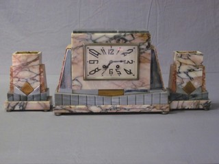 An Art Deco 2 colour marble, 3 piece clock garniture comprising clock with square silvered dial and Arabic numerals together with 2 side pieces