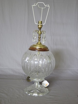 A large cut glass globular shaped table lamp 14"