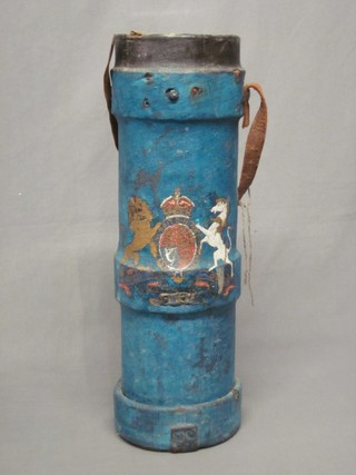 A cylindrical blue painted cordite carrier, decorated the Royal Arms