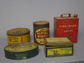 A red painted petrol can, a Nuttall's Mintoes tin, a Mackintosh's capital assortment tin, a Benson's Carnival bon bon tin and 1 other tin decorated a galleon