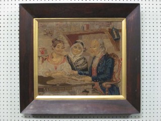 A Victorian Berlin wool work panel depicting an interior scene contained in a rosewood frame 16 x 17 1/2"