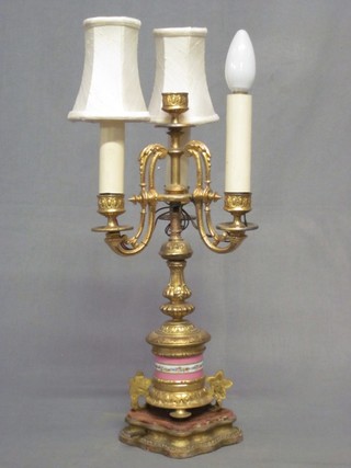 A 19th Century gilt ormolu and porcelain 4 light candelabrum converted for use as an electric table lamp 17"