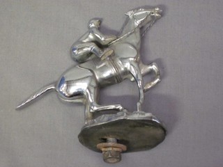 A chromium plated car mascot in the form of a race horse with jockey by Desno, 4"