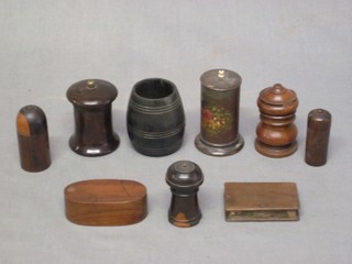 An oval fruitwood box containing dice etc and a collection of treen boxes etc