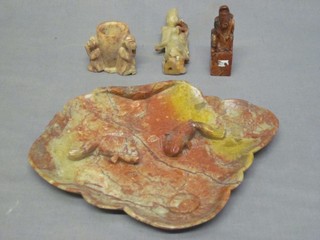 A carved soap stone dish decorated fish 9 1/2", a carved soap stone seal, a figure of a Deity and a figure of the Wise Monkeys