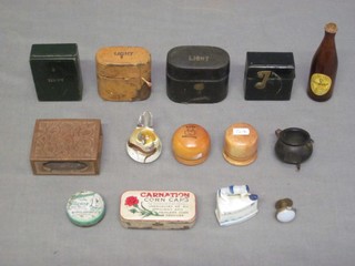 4 leather covered match boxes and other miniature items