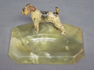 An Art Deco onyx ashtray decorated an Austrian cold painted bronze figure of an Airedale Terrier 6"
