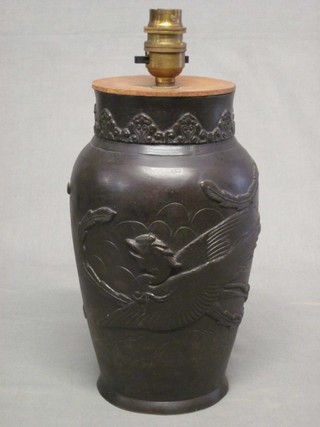 An Oriental bronze vase converted to an electric table lamp 10"