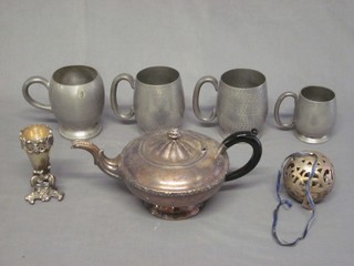 A circular silver plated teapot and a collection of pewter tankards etc