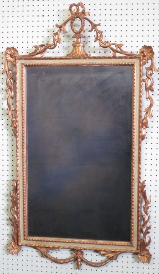 A rectangular plate mirror contained in a turquoise and gilt painted frame 38"