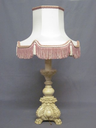 A plaster pricket style table lamp with pink shade 19"
