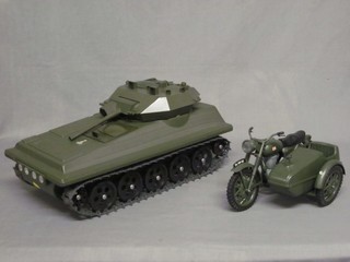An Action Man plastic tank together with an Action Man motorcycle and side car