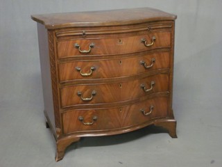 A Georgian style serpentine fronted mahogany chest of drawers with crossbanded top, fitted a brushing slide above 4 long drawers, raised on bracket feet 30"