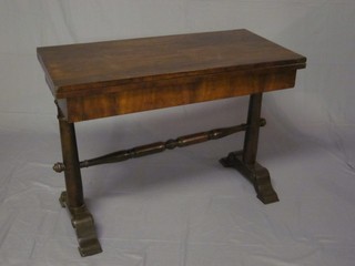 A 19th Century rectangular mahogany card table, raised on a column support with H framed stretcher 39"
