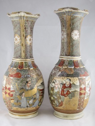 A pair of 19th Century club shaped Satsuma vases decorated court figures, the base with 6 character mark 14"