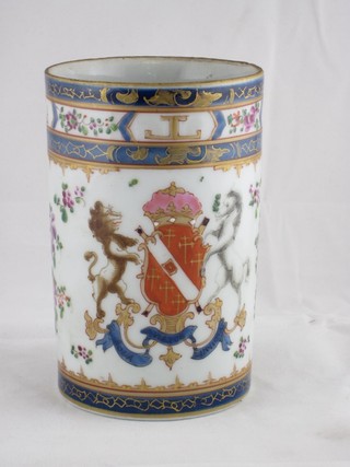 A Samsons cylindrical porcelain mug with armorial decoration 4 1/2"