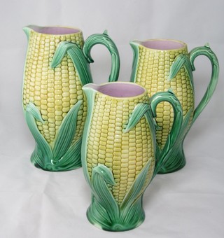 A set of 3 19th Century graduated Majolica vases in the form of Corn of The Cob, 1 heavily f and r,
