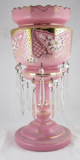 A Victorian pink opaque glass lustre 14"