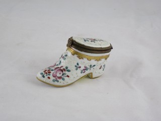 A 19th Century Continental porcelain trinket box in the form of a shoe with hinged lid 3"