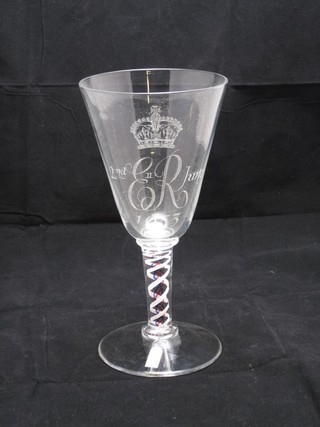 A Whitefriars glass goblet to commemorate the 1953 Coronation of HM Queen with multi coloured cotton twist stem and with Whitefriars label to base