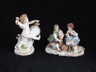 A 19th Century Samson porcelain figure of a seated lady and gentleman with musical instruments 5", together with an Italian porcelain figure of a standing cherub drummer