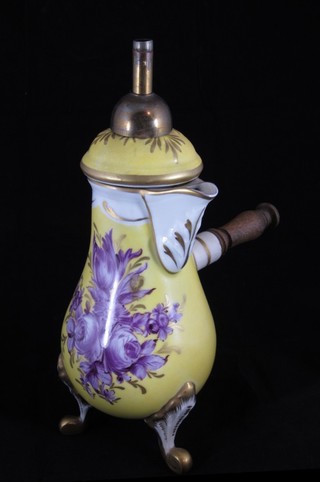 A Paris Porcelain side handled coffee pot converted for use as a table lamp, drilled, 12"