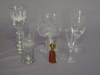 A George VI engraved glass bell shaped goblet to commemorate the Coronation and other commemorative glassware