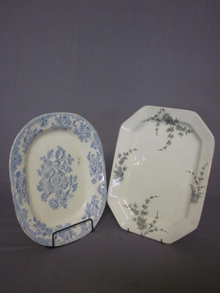 A blue and white meat plate 15" and a lozenge shaped meat plate
