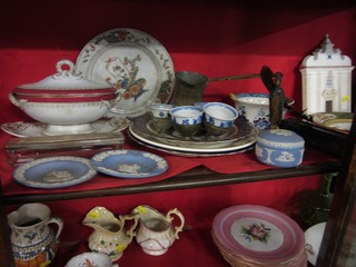 An 18th Century Royal Crown Derby plate decorated The Prince of Wales feathers (f), an Eastern rectangular metal twin handled tea tray and decorative china