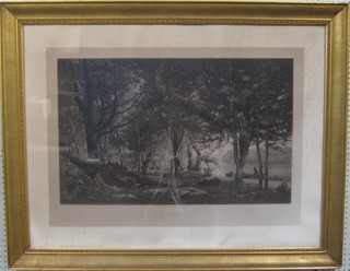 A large French monochrome print "Le Matin" - Lake Scene with trees and figures in a rowing boat