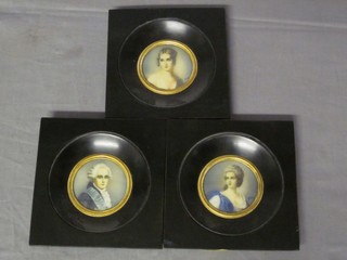 3 reproduction portrait miniatures "Noble Ladies and Gentleman" 2" circular, framed