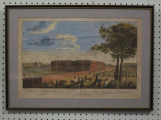 An 18th Century coloured print "View of the Royal Palace of Hampton Court" 10" x 16"
