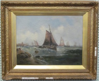 Hicks, Victorian oil on canvas "Study of Sailing Ships" 14" x 19", some crackling and old repair to reverse,