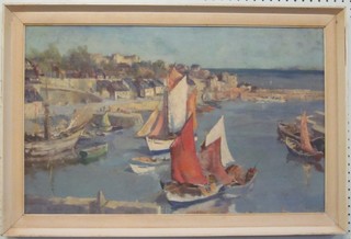 Francis R Flint, oil on board "Drying Sails at a French Port" 16" x 26"
