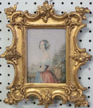 A Victorian coloured print "Standing Lady" contained in a decorative gilt frame 5" x 3"