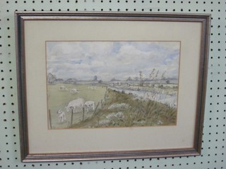 Watercolour drawing "Sheep by a River" monogrammed CMS? 8" x 12"
