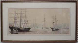 L T Horee, watercolour "Tall Ships in Harbour" 10" x 23"
