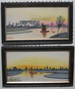 W C Pulpes?, pair of watercolour drawings Dutch Scenes "Rivers with Barges" 6" x 12"