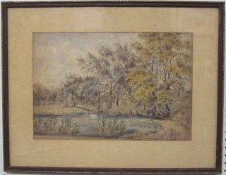 Victorian watercolour drawing "Study of a Pond with Figures and Church in Distance" 10" x 15", monogrammed B E, the reverse with label marked Earnshaw-Brown Rector of Hornbury Church