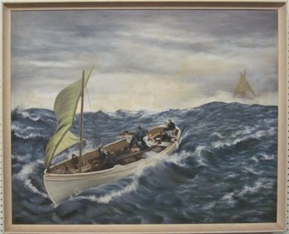 L D V Ayrts, oil on canvas, "Fishing Boat with Figures Bathing etc" 25" x 31"