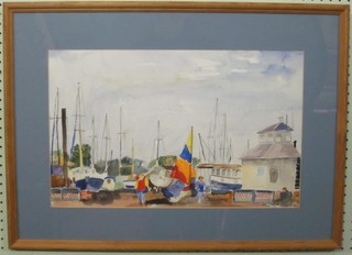 Allen Fuller, watercolour drawing "Keyhaven Boat Yard" 12" x 20", the reverse with Medical Art Society Art Exhibition label
