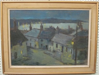 Impressionist oil on canvas "Cottages", indistinctly signed to bottom right hand corner, the reverse marked Mrs Vera Skinner of 11 Bingham St NW1 15" x 21"
