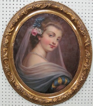 Oil on board, oval head and shoulders portrait "Lady" 18" contained in a decorative gilt frame