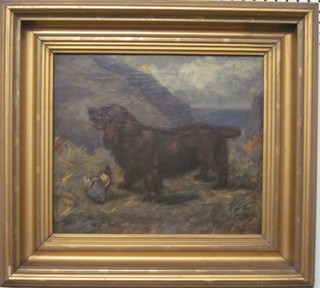 A 19th Century oil on canvas "Black Spaniel with Game Bird" 11" x 13"