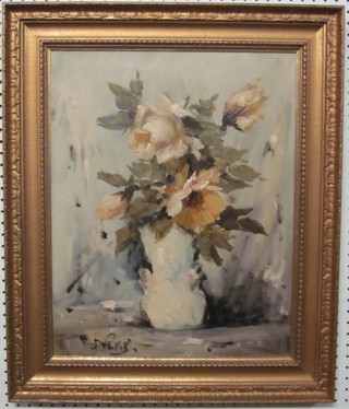 Dupre, oil on board, still life study "Vase of Roses" 19" x 15"